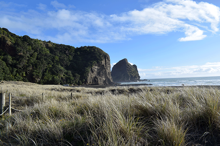 Dünen und beeindruckende Felsen im Hintergrund.